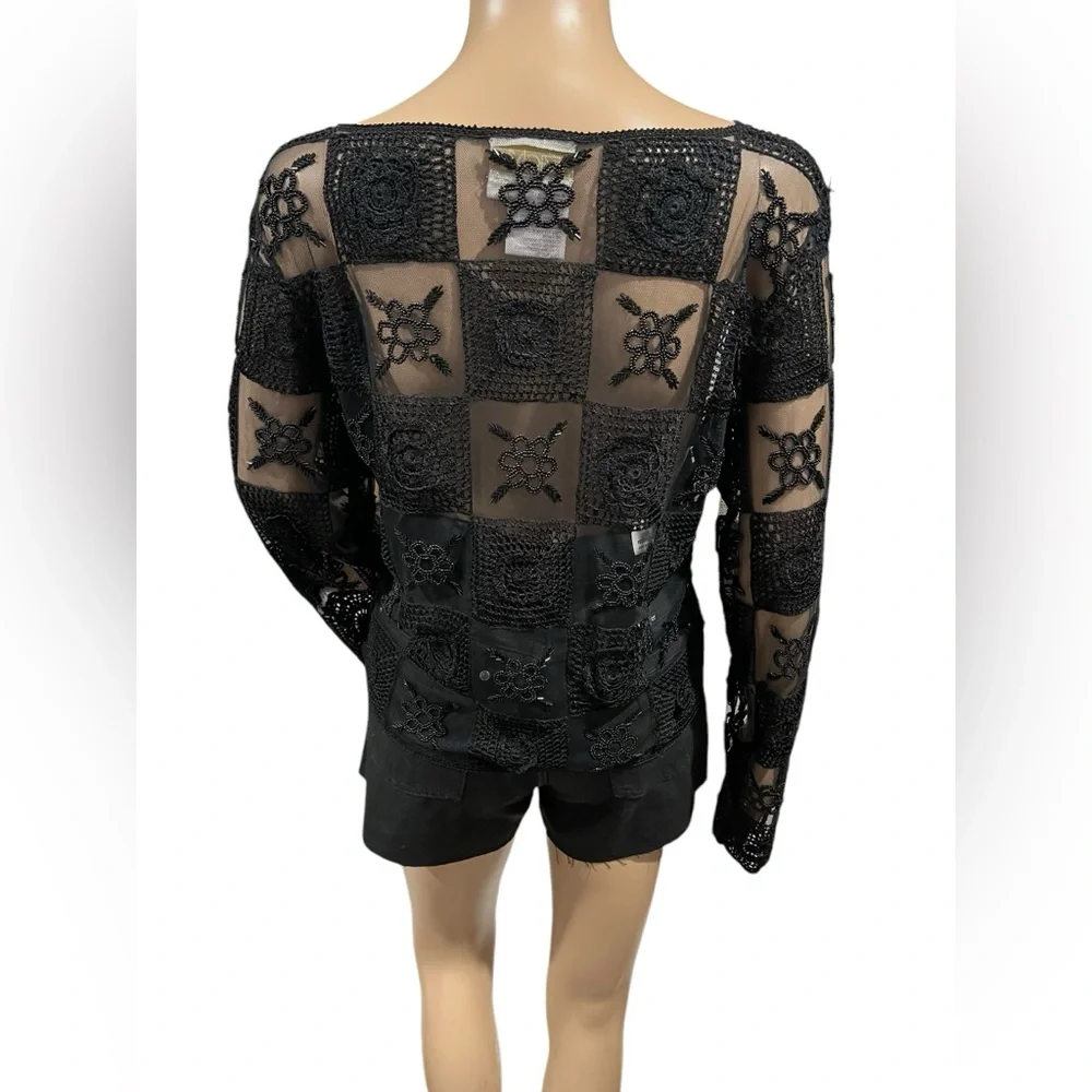 Y2K Vintage CACHE Crotchet Top Womens Size 6 Mesh Beaded Black Boho Festival